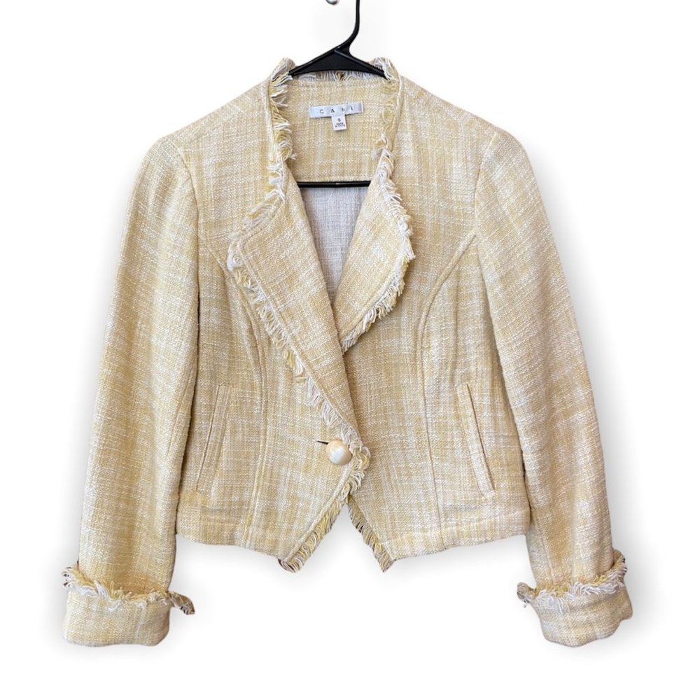 Cabi Daisy Tweed Jacket Womens S Yellow White Raw Hem Long Sleeve Cropped Blazer